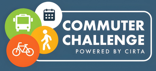 Commuter Challenge banner with bus, bicycle, walking icons and a calendar, reading 'Commuter Challenge'—powered by CIRTA.