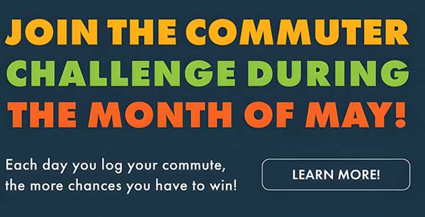 Promotional banner inviting users to join the May commuter challenge; mentions logging commutes to win and shows a Learn More button.