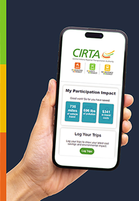 Hand holding a smartphone showing the CIRTA app with 'My Participation Impact' metrics on a dark background.