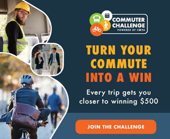 Promotional banner for the Commuter Challenge showing three commuters and the text 'Turn your commute into a win' with a 'Join the Challenge' button.
